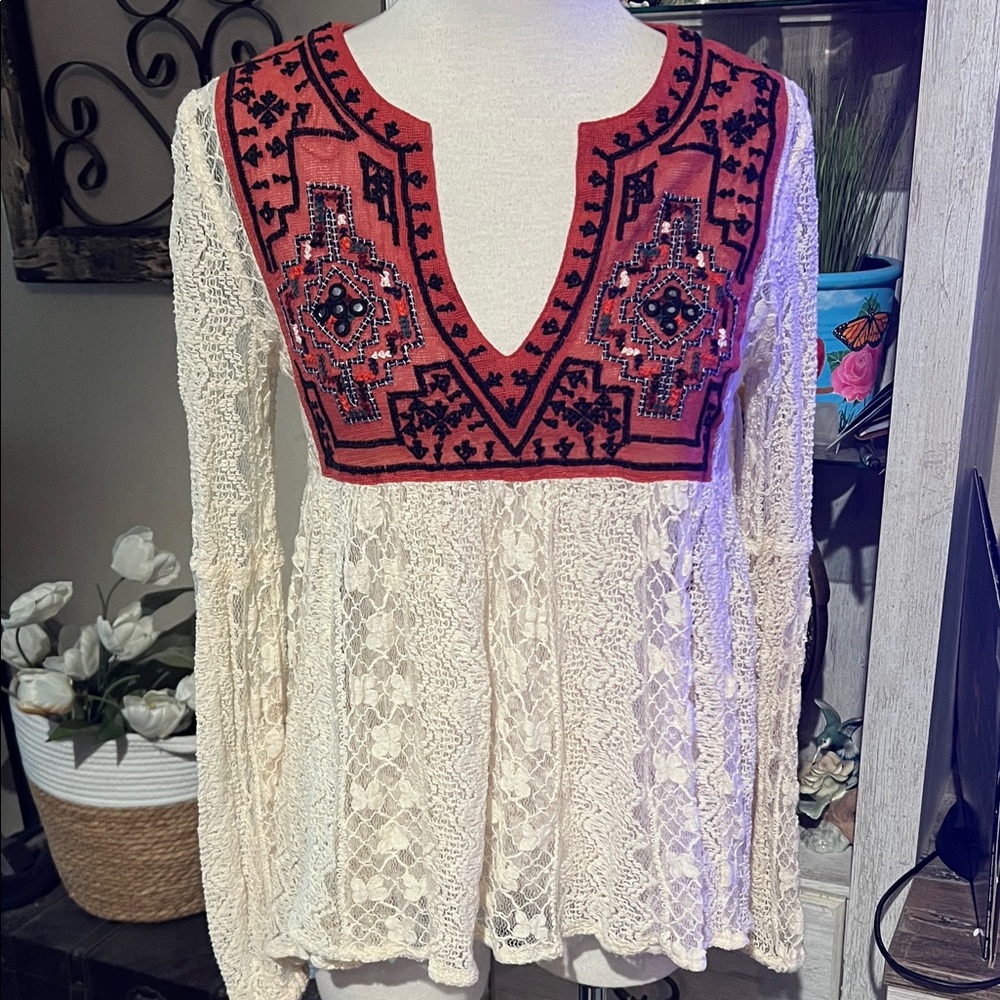 Free People Cream Lace Top with burnt orange Embroidery size small